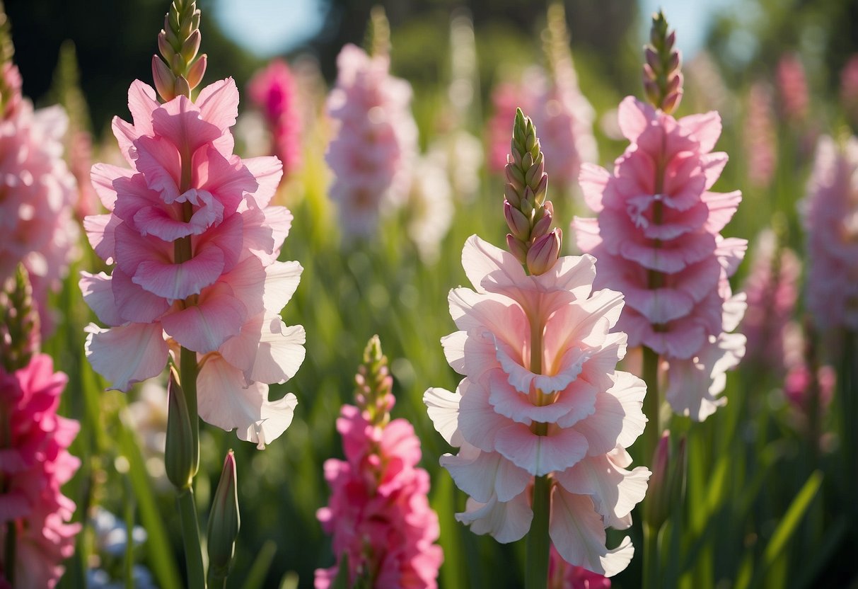 A sunny garden with rows of vibrant gladiolus flowers in full bloom, surrounded by lush green foliage and a clear blue sky overhead