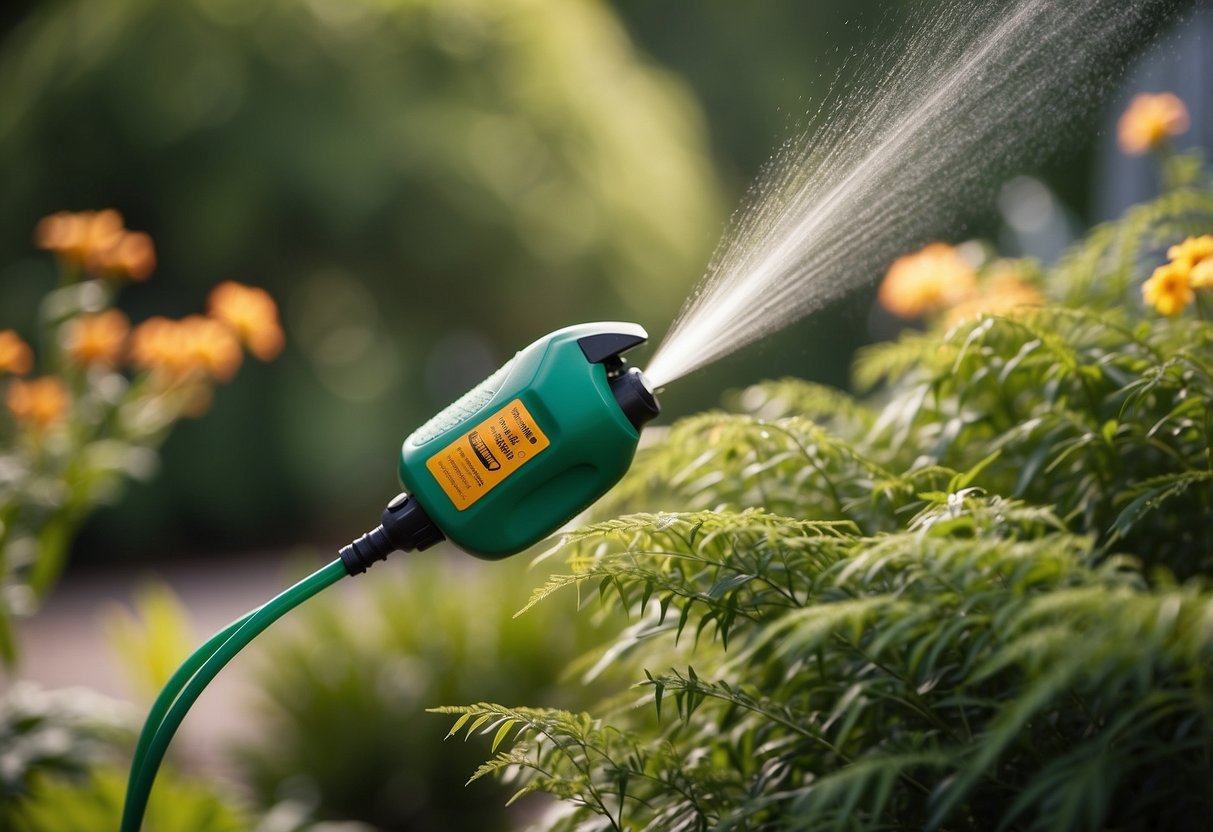 Spraying repellent on garden plants to deter animals