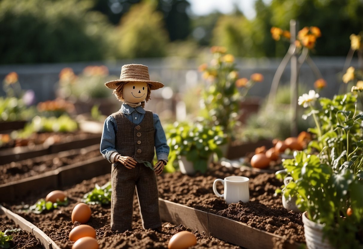 A garden with raised beds, surrounded by wire mesh fencing. Scattered eggshells and coffee grounds act as natural deterrents. A scarecrow stands guard