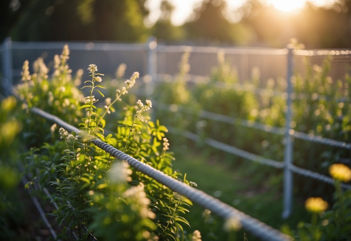 A garden surrounded by a fence with hanging strips of repellent, plants protected by mesh, and signs indicating the use of safe repellents