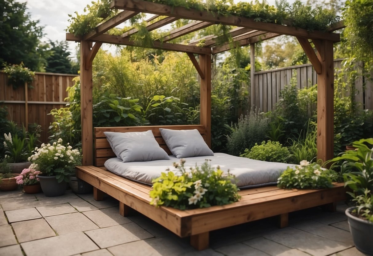 A wooden sleeper garden bed surrounded by lush green plants and flowers, with a pergola constructed from sleepers overhead