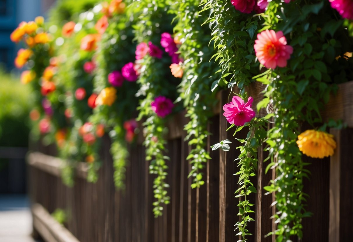 Lush green plants cascade down a wooden trellis, filling a small urban balcony with vibrant life. Pops of colorful flowers add a cheerful touch to the vertical garden