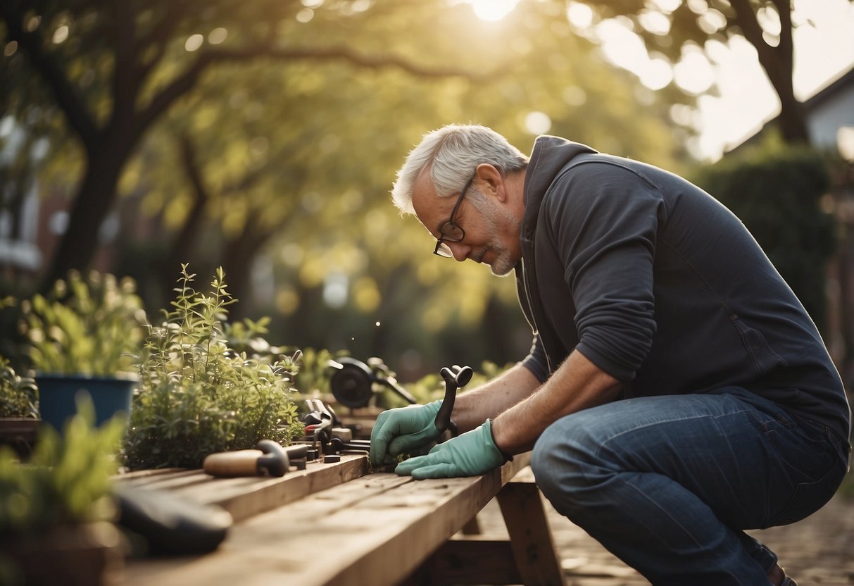 A garden bench is being assembled with tools and materials scattered on the ground. A person is fixing the bench with focused determination