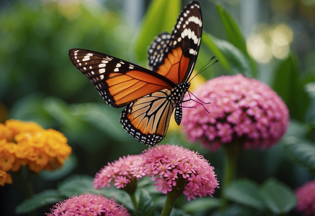 A colorful butterfly garden aviary with lush greenery and vibrant flowers, filled with fluttering butterflies of various sizes and hues