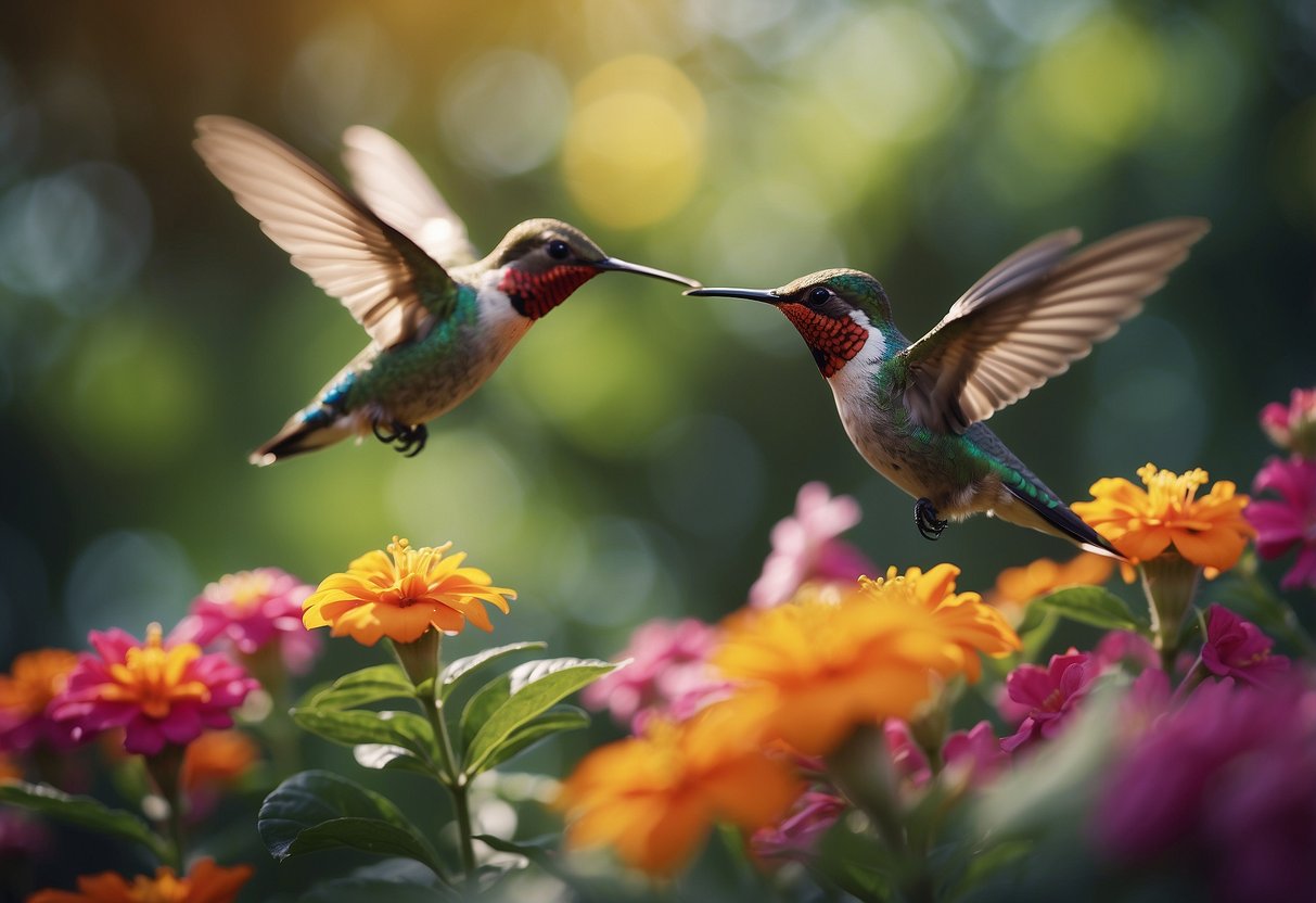 Vibrant flowers bloom in a lush garden, attracting colorful hummingbirds flitting around a tranquil aviary