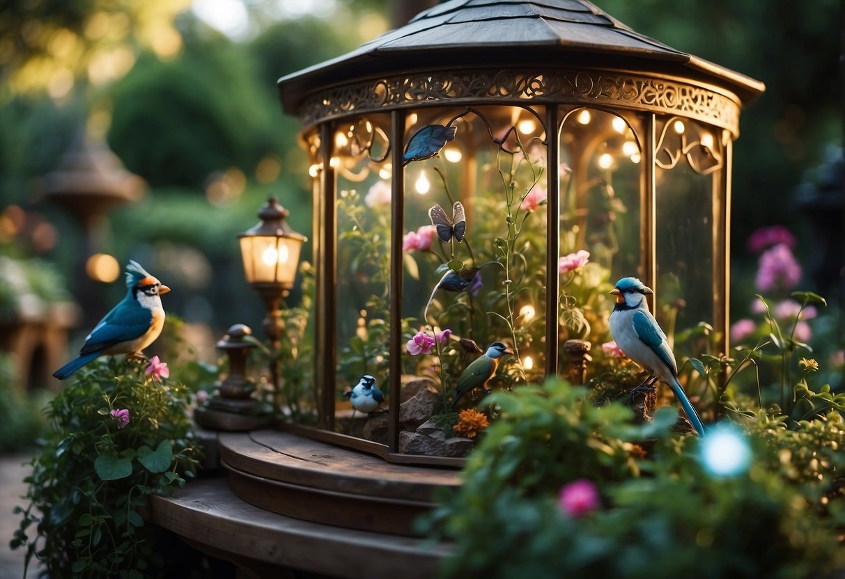 A lush garden aviary filled with colorful birds and whimsical fairy tale elements, such as sparkling fairy lights, enchanted flowers, and a magical fountain