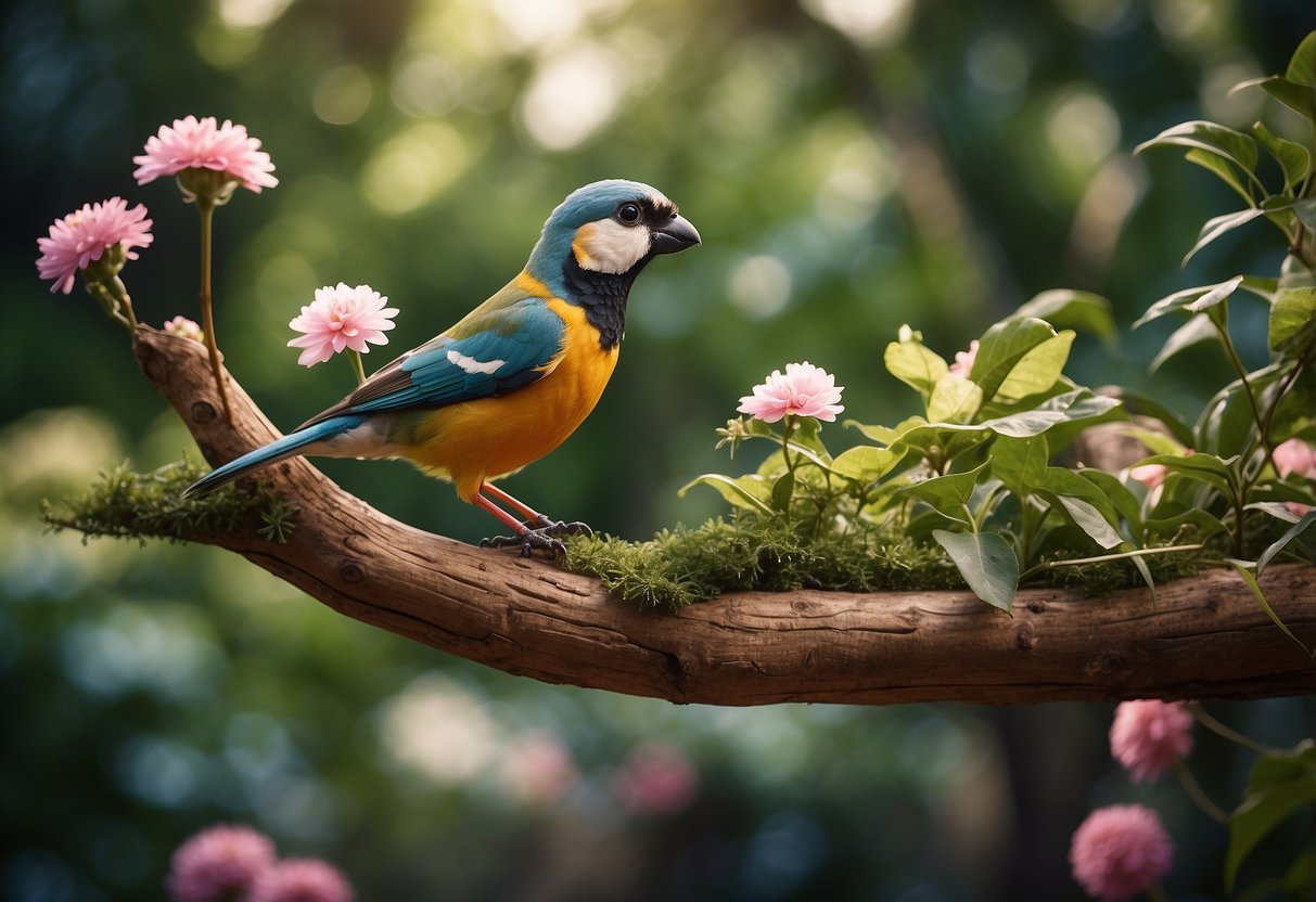 A rustic wooden aviary surrounded by lush greenery and colorful flowers, with birds perched on the branches and fluttering around