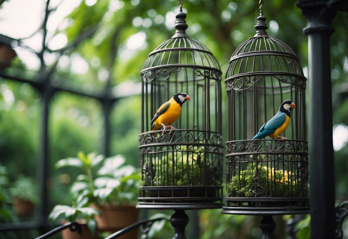 A Victorian style aviary garden with ornate ironwork, lush greenery, and exotic birds perched on intricately designed birdcages