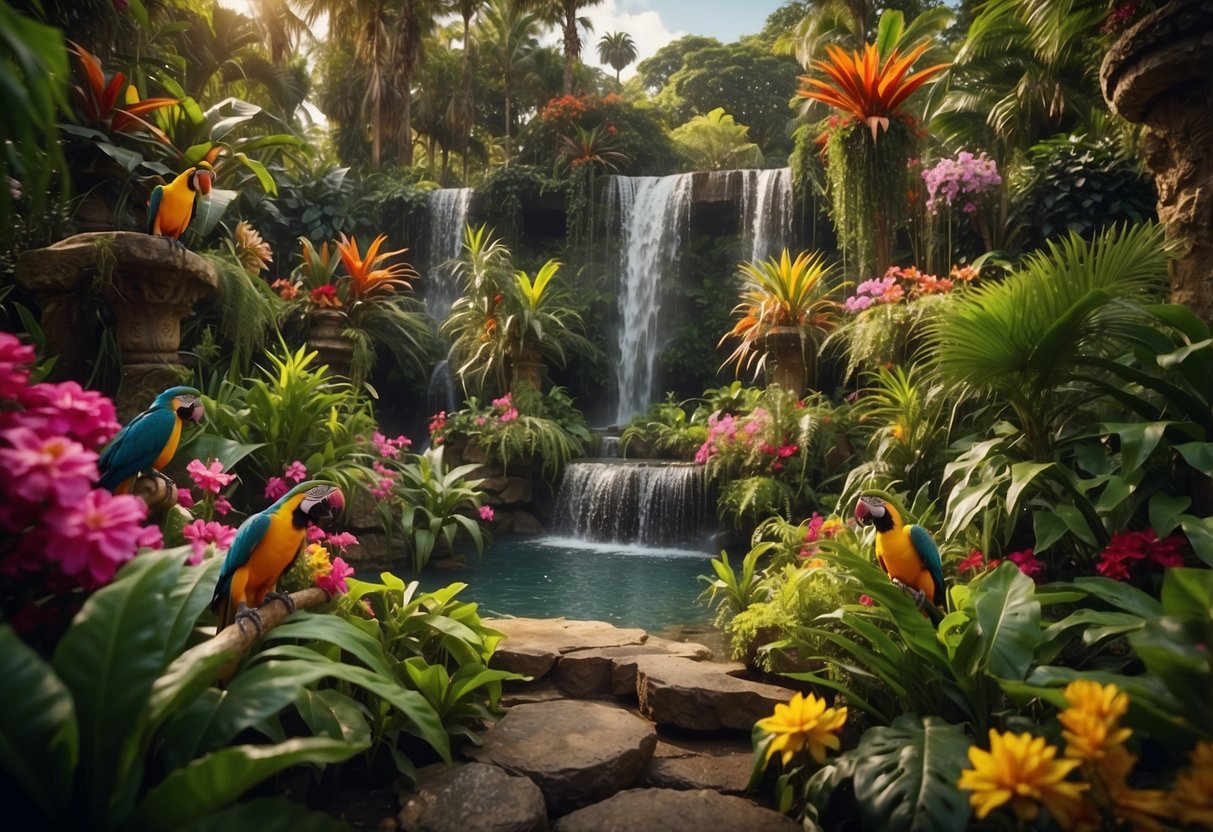 A lush garden oasis filled with vibrant tropical birds perched on lush foliage, with cascading waterfalls and colorful flowers creating a serene aviary