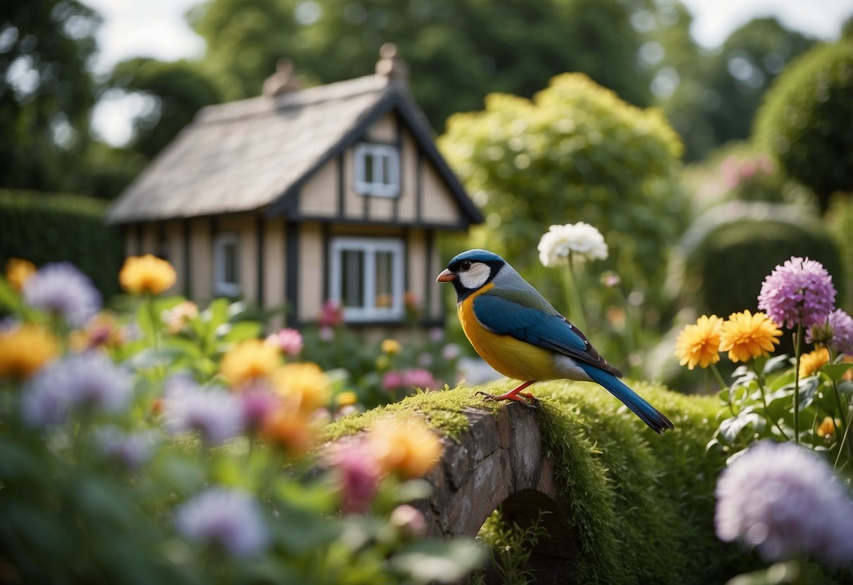 An English cottage nestled in a lush garden with a charming aviary, filled with colorful birds and surrounded by blooming flowers and greenery