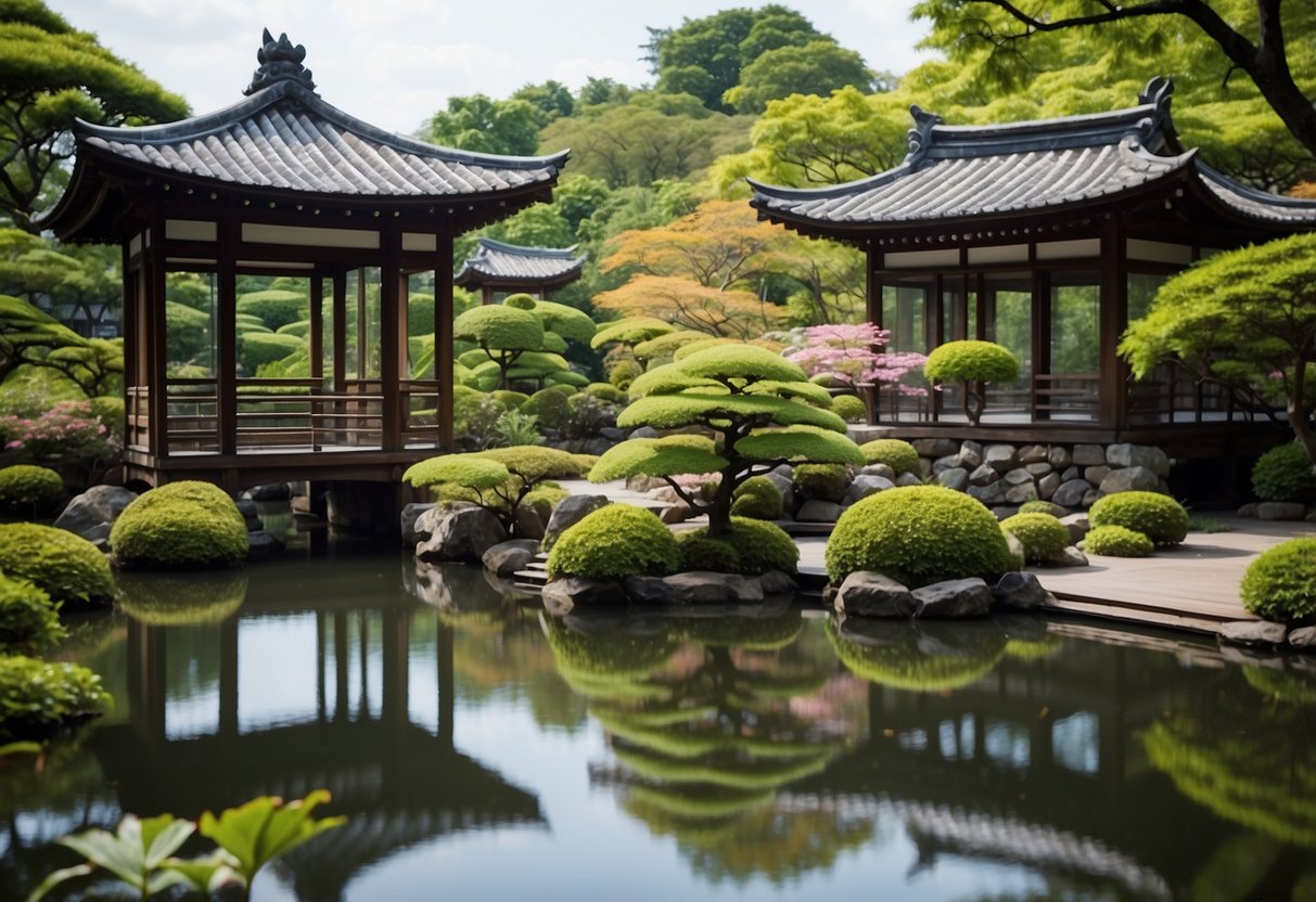 Lush Japanese garden with a tranquil aviary nestled among the foliage. A serene pond reflects the vibrant greenery, while colorful birds flit among the branches