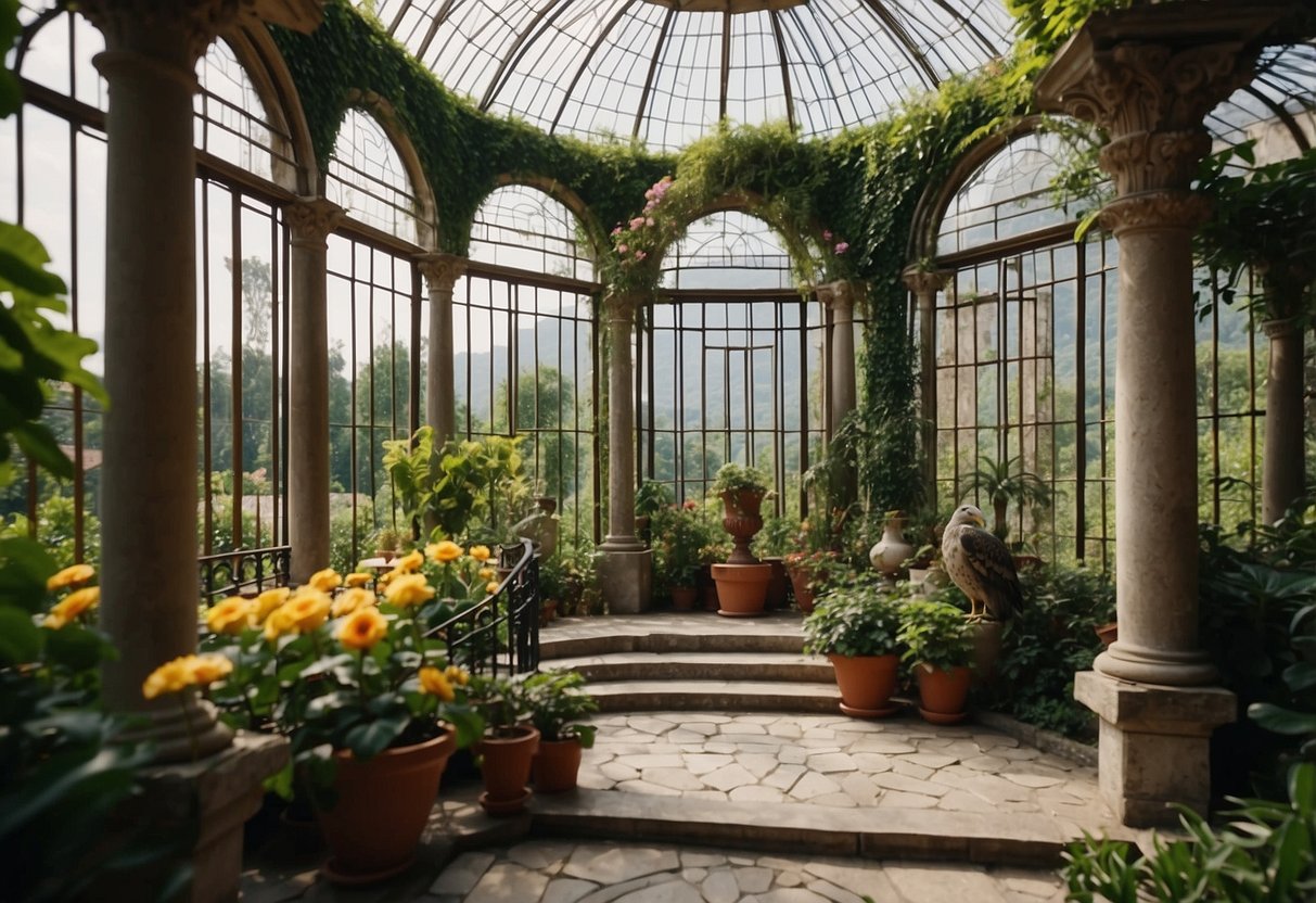 A lush Italian villa garden with a grand aviary nestled among vibrant flowers and greenery. The aviary features ornate architecture and is filled with a variety of exotic birds