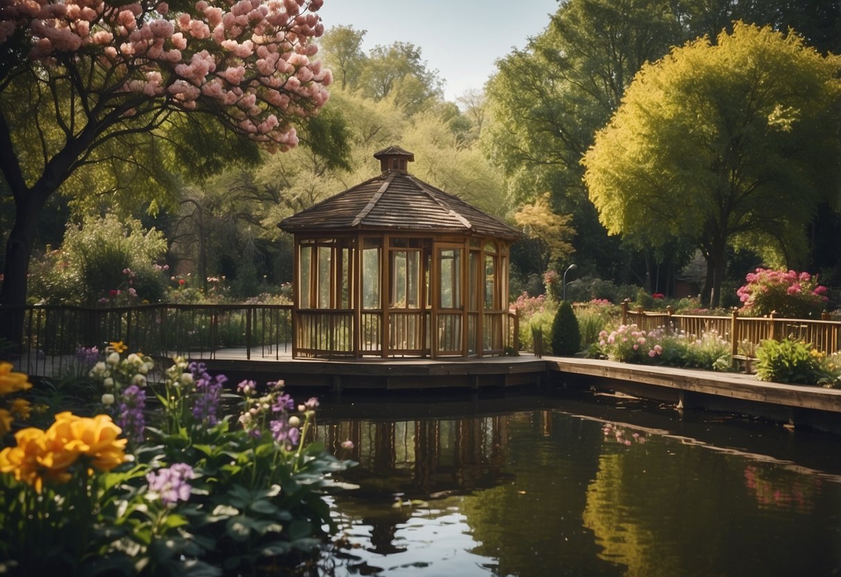 A colorful aviary with blooming flowers, bird feeders, and a small pond. Surrounding trees provide shade and shelter for birds