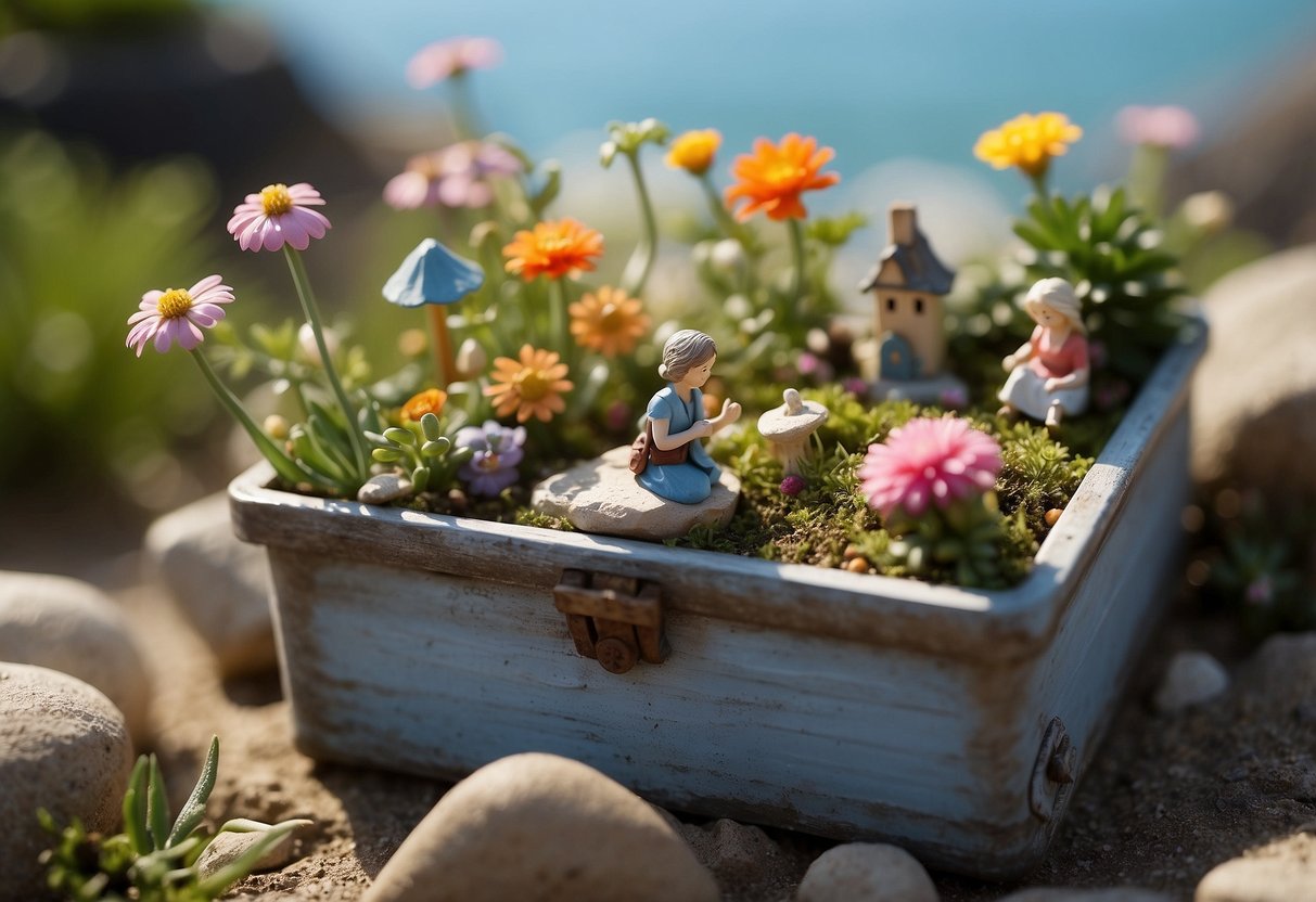 A small seaside garden, with vibrant flowers and tiny fairy figurines, nestled in a weathered container by the sea