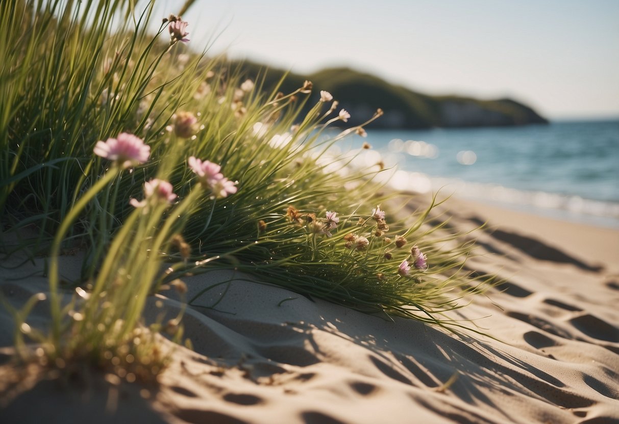 Lush seagrass borders the sandy shore, with colorful flowers peeking through. The sea sparkles in the background, creating a serene coastal garden scene