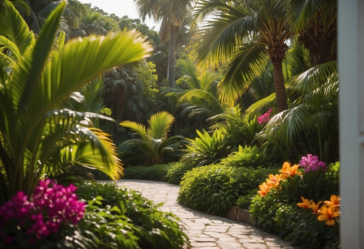 Lush green tropical plants surround a corner garden by the sea, with palm trees swaying in the breeze and colorful flowers blooming