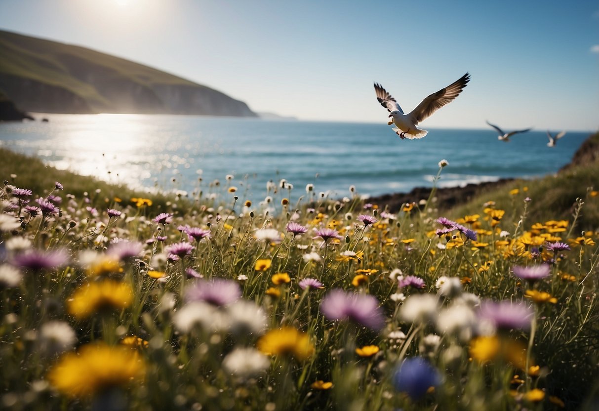 A colorful wildflower meadow blooms by the sea, with waves crashing in the background and seagulls flying overhead