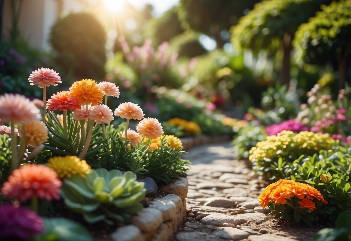 A vibrant garden by the sea with shells and coral edging, surrounded by lush greenery and colorful flowers