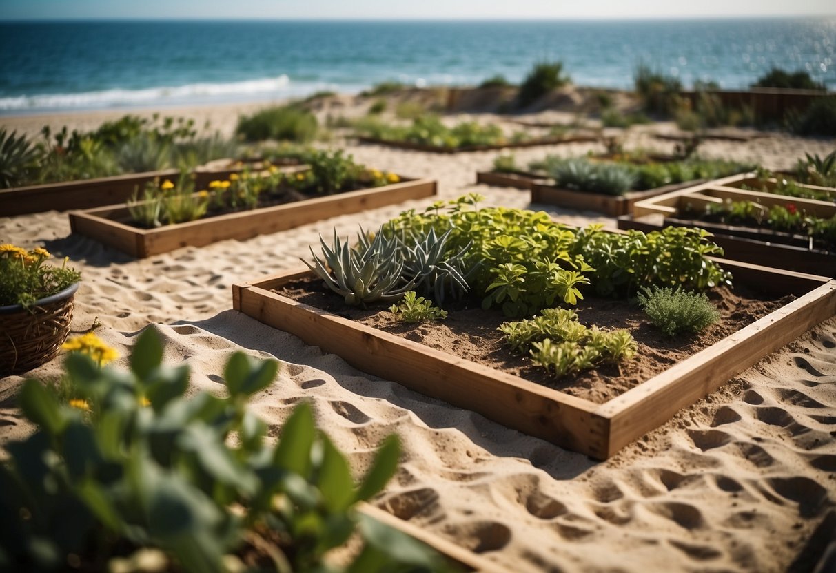 A beachside garden with raised beds filled with sandy soil, overlooking the sea