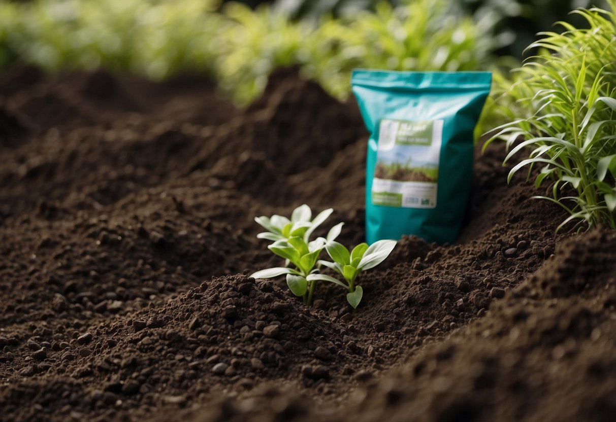 Rich, dark soil sits beneath vibrant green plants, bordered by sandy beaches and crashing waves. A compost bin and natural fertilizer bags are nearby