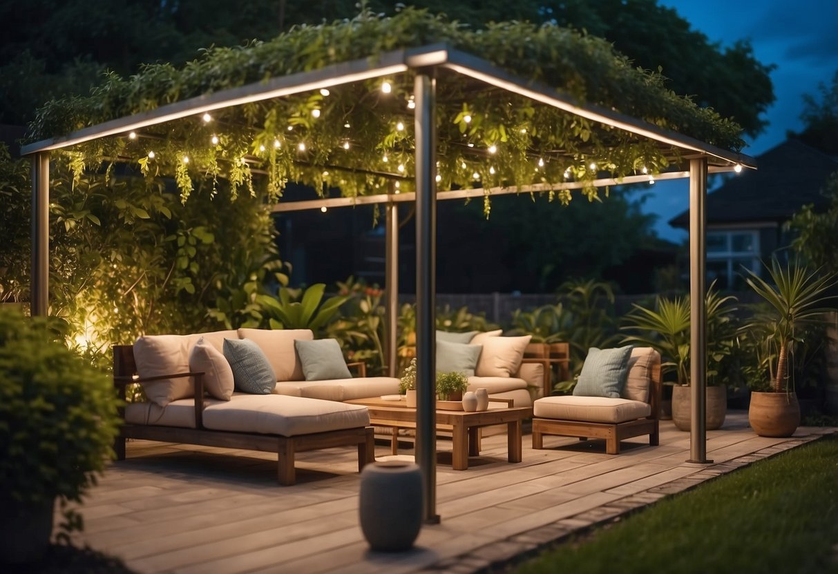 A lush garden with a sleek, modern canopy structure adorned with solar-powered LED lights, creating a tranquil and inviting outdoor space