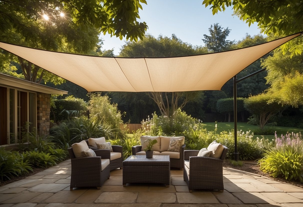 A steel frame shade sail stretches over a lush garden, providing a cool and inviting space for relaxation and outdoor gatherings