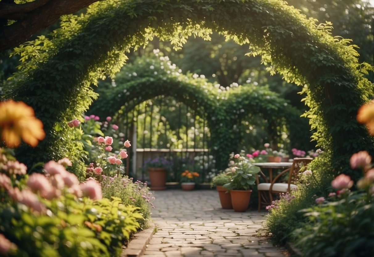 A lush garden with a decorative arch canopy, surrounded by blooming flowers and greenery