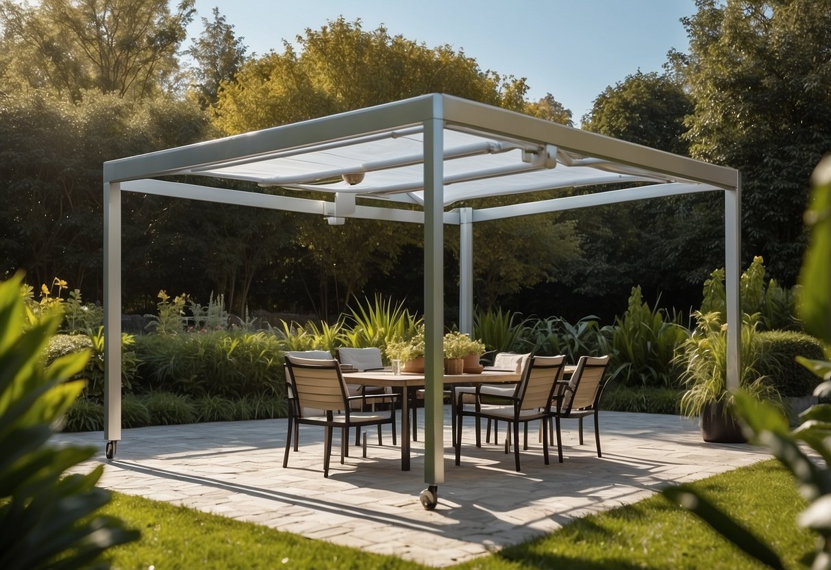 An aluminum garden canopy stands tall in a lush garden, its adjustable design providing shade and shelter for outdoor gatherings and relaxation