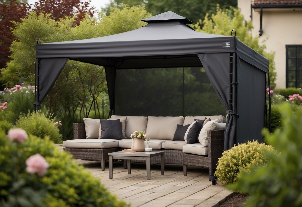 A sturdy metal frame supports a waterproof fabric canopy, surrounded by lush greenery and blooming flowers. The materials are durable and weather-resistant, providing a functional and attractive addition to the garden