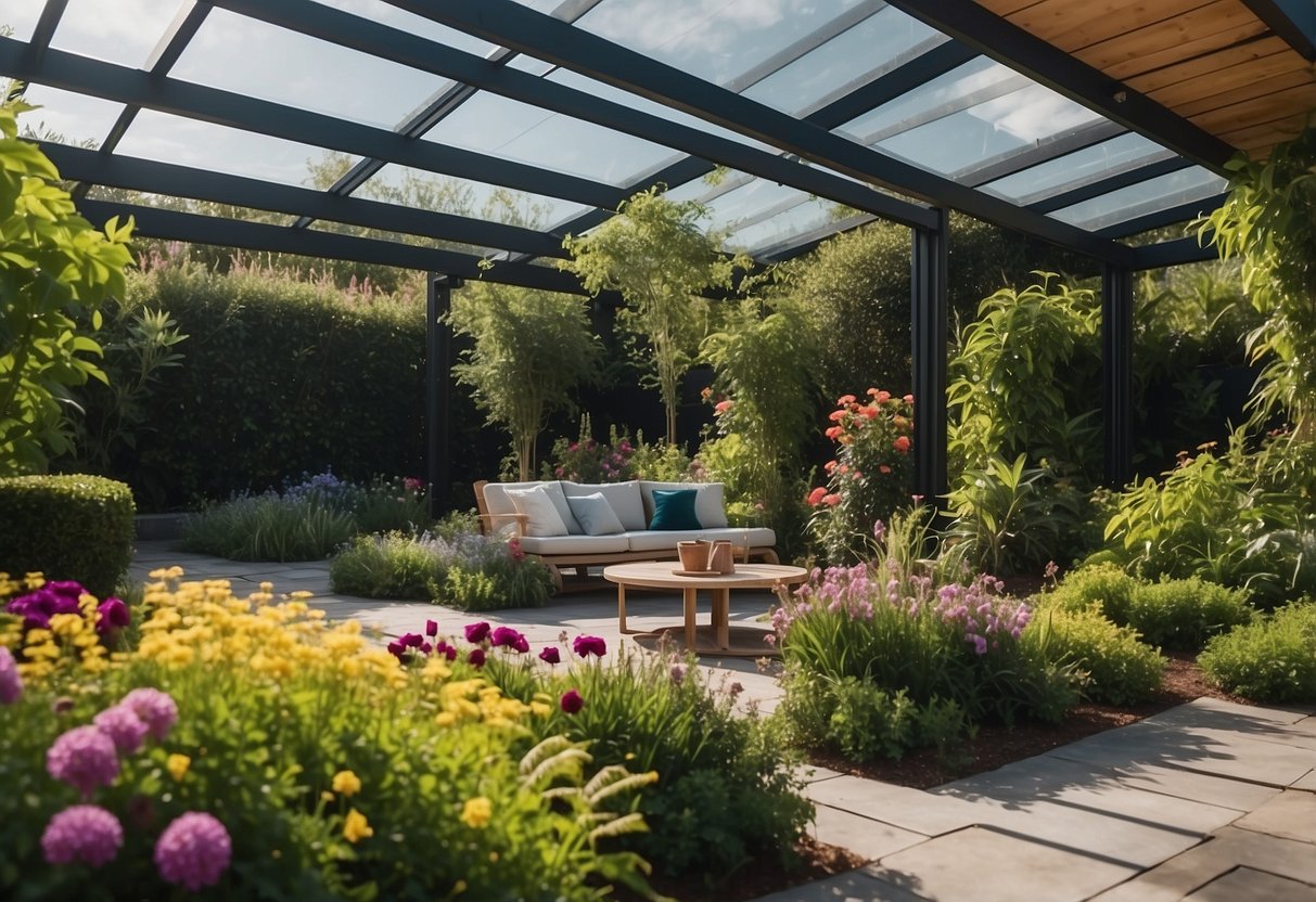 A lush garden with a modern, minimalist canopy structure, surrounded by vibrant greenery and colorful flowers