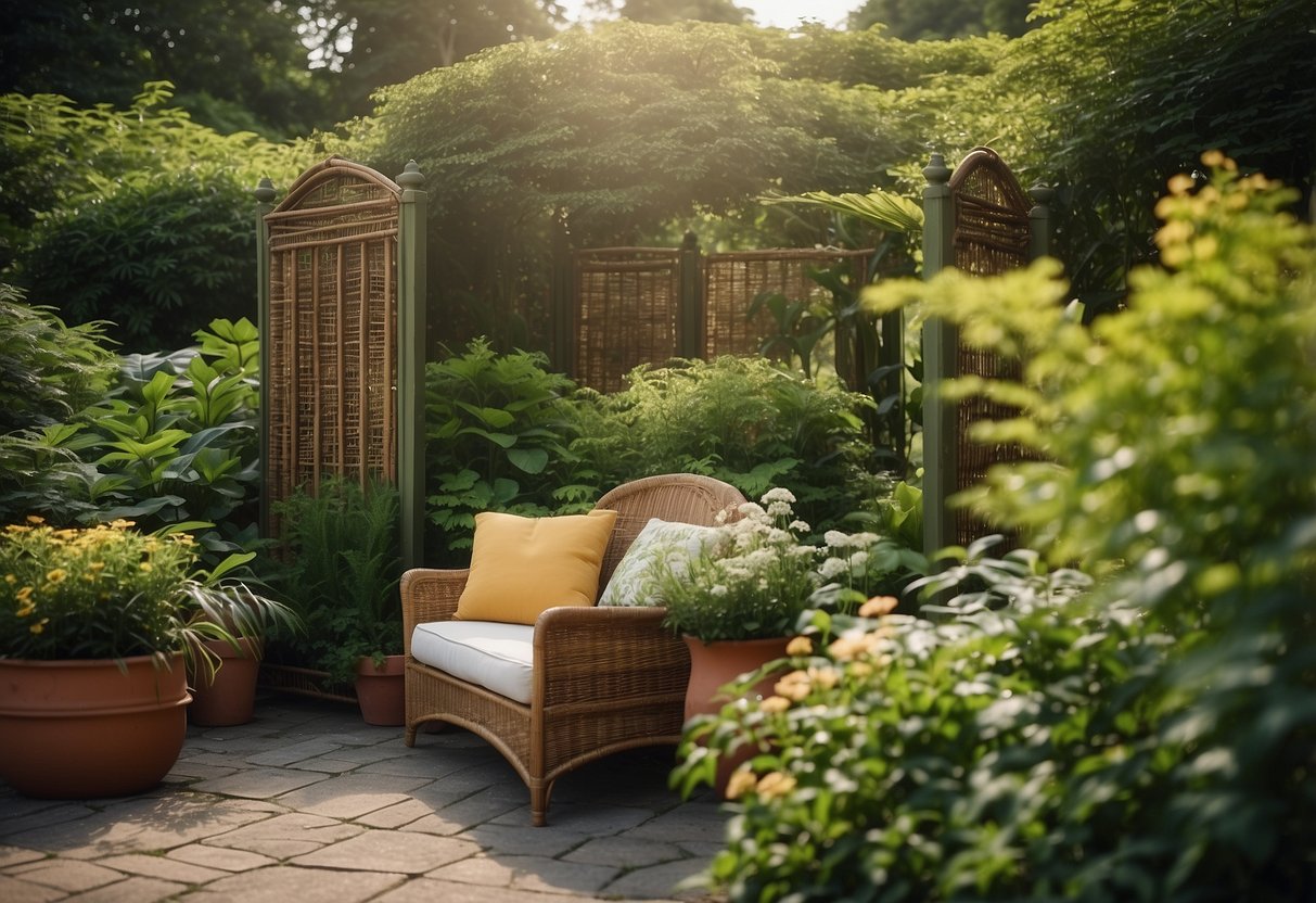 A lush garden with wicker roll screens creating privacy. Green foliage, colorful flowers, and a peaceful atmosphere