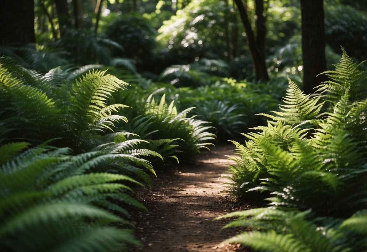 Lush ferns fill a shaded garden, surrounded by winding paths and dappled sunlight