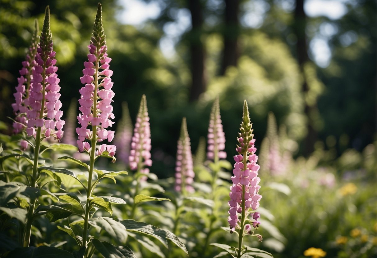 Tall foxgloves sway in a dappled shade garden, surrounded by lush greenery and delicate blooms