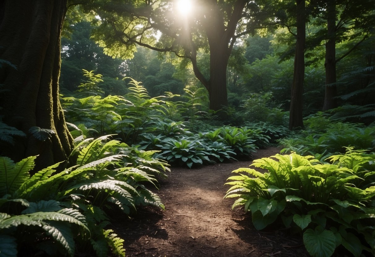 A lush shade garden with lungworts, ferns, and hostas under a canopy of tall trees. Sunlight filters through the leaves, casting dappled shadows on the ground