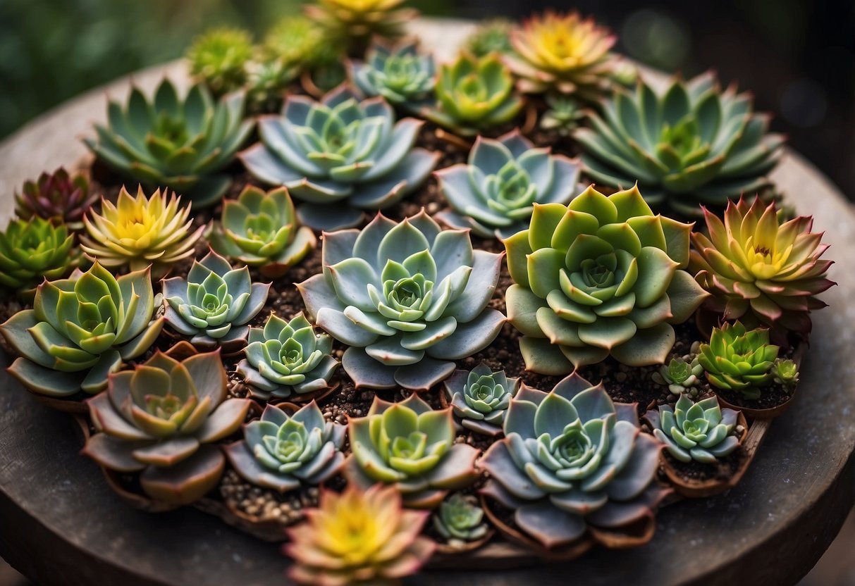 A circular arrangement of various succulent plants, neatly arranged in a wreath shape, serves as a stunning garden centerpiece