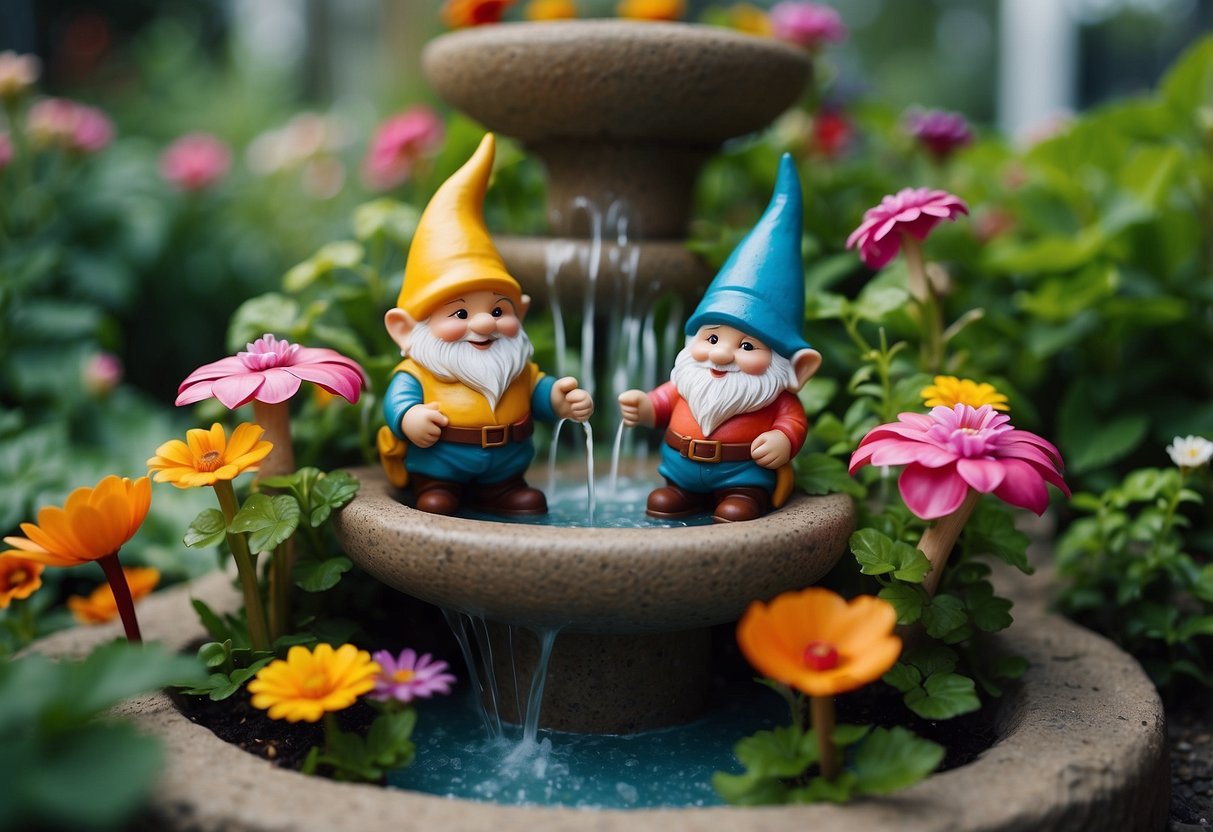 A cluster of colorful garden gnomes gather around a whimsical fountain, surrounded by vibrant flowers and lush greenery