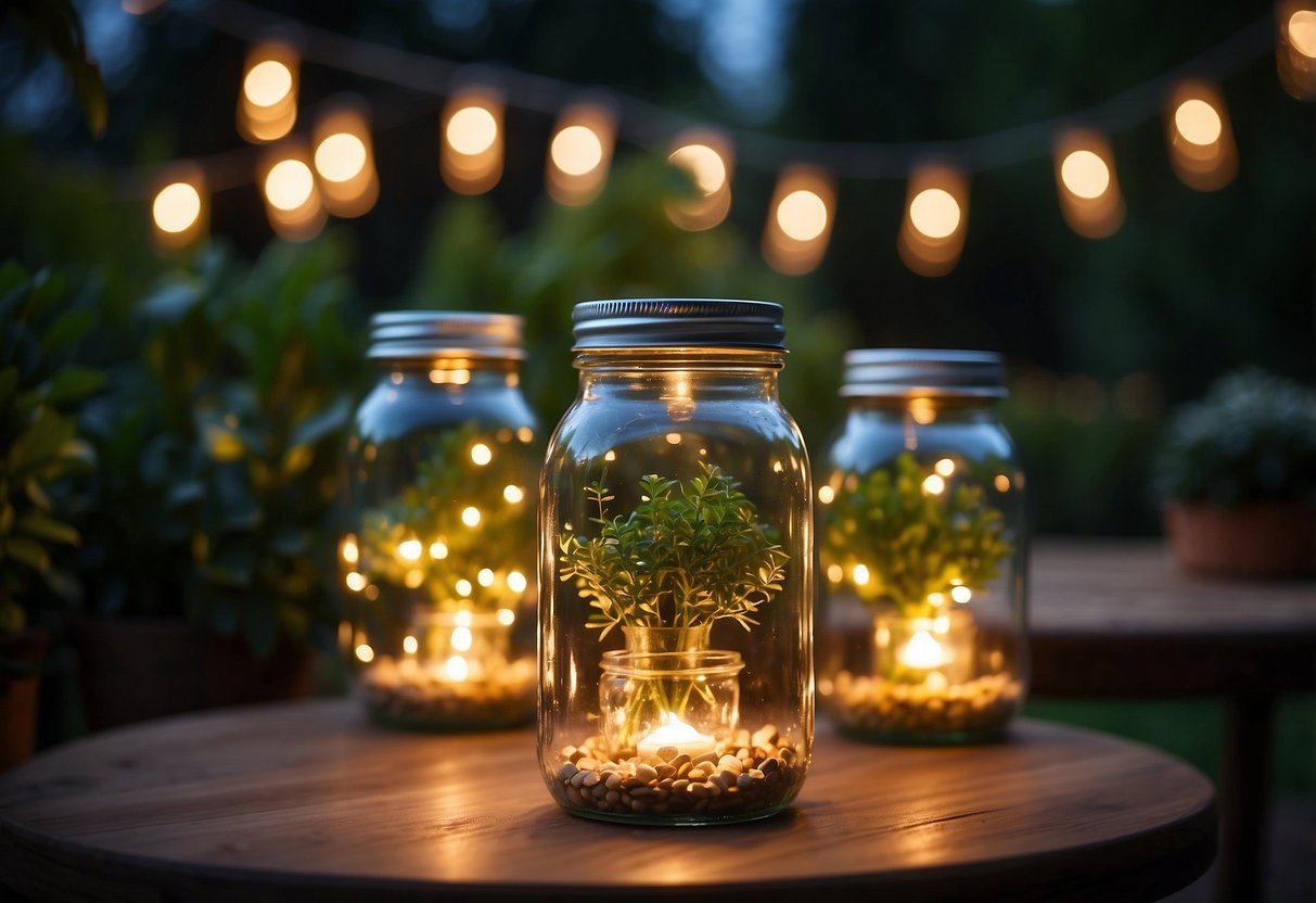 A garden table adorned with hanging mason jar lights, casting a warm and inviting glow over the surrounding greenery