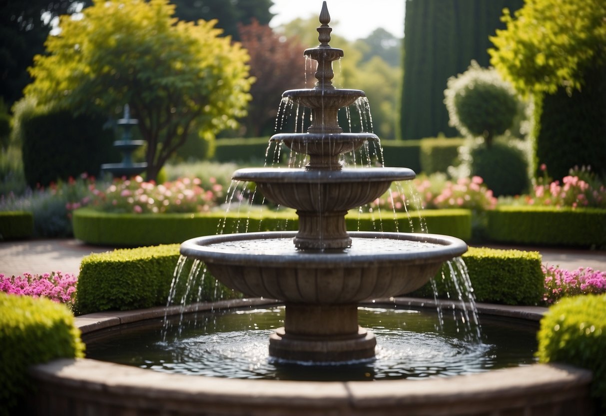 A lush, vibrant garden with colorful flowers and a striking fountain as the centerpiece. Surrounding the fountain are neatly trimmed hedges and winding paths, creating a serene and inviting atmosphere