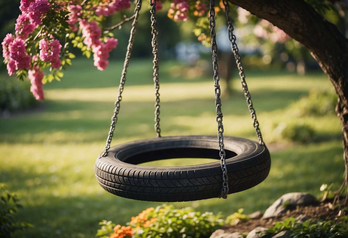 A weathered tire swing hangs from a sturdy tree branch in a lush garden, surrounded by colorful flowers and tall grass