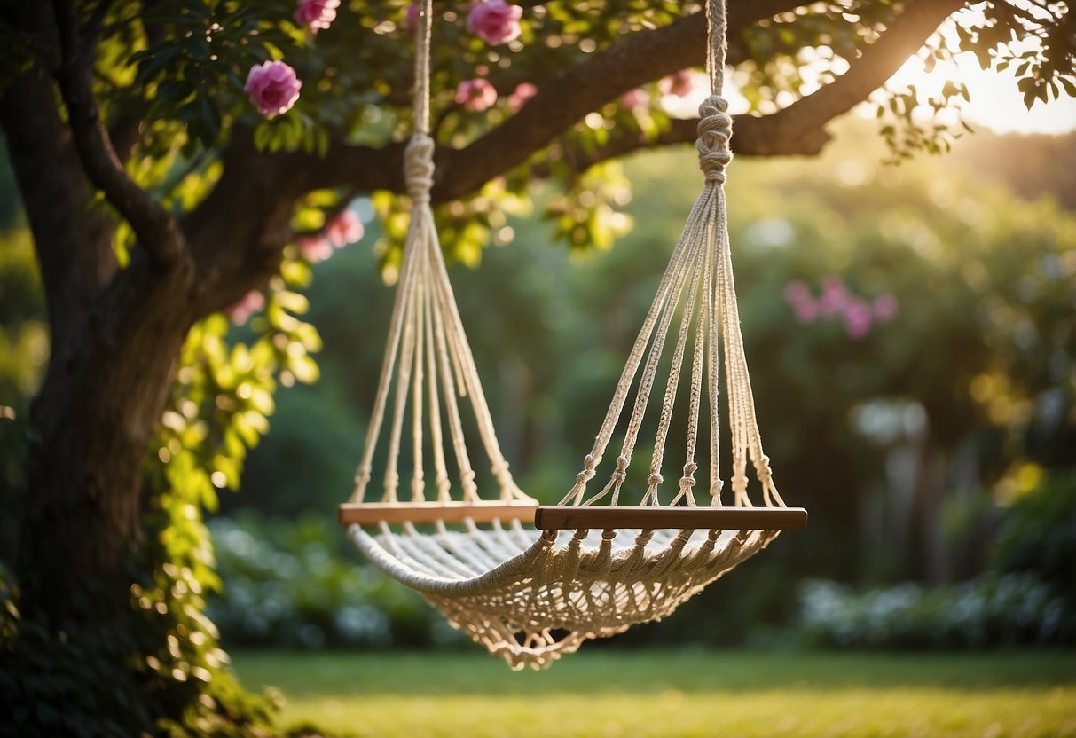 A macrame hammock swing hangs from a sturdy tree branch in a lush garden, surrounded by colorful flowers and greenery