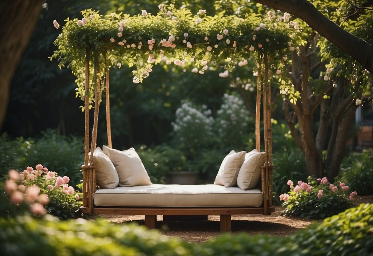 A lush garden with a canopy swing bed hanging from a sturdy tree, surrounded by blooming flowers and greenery