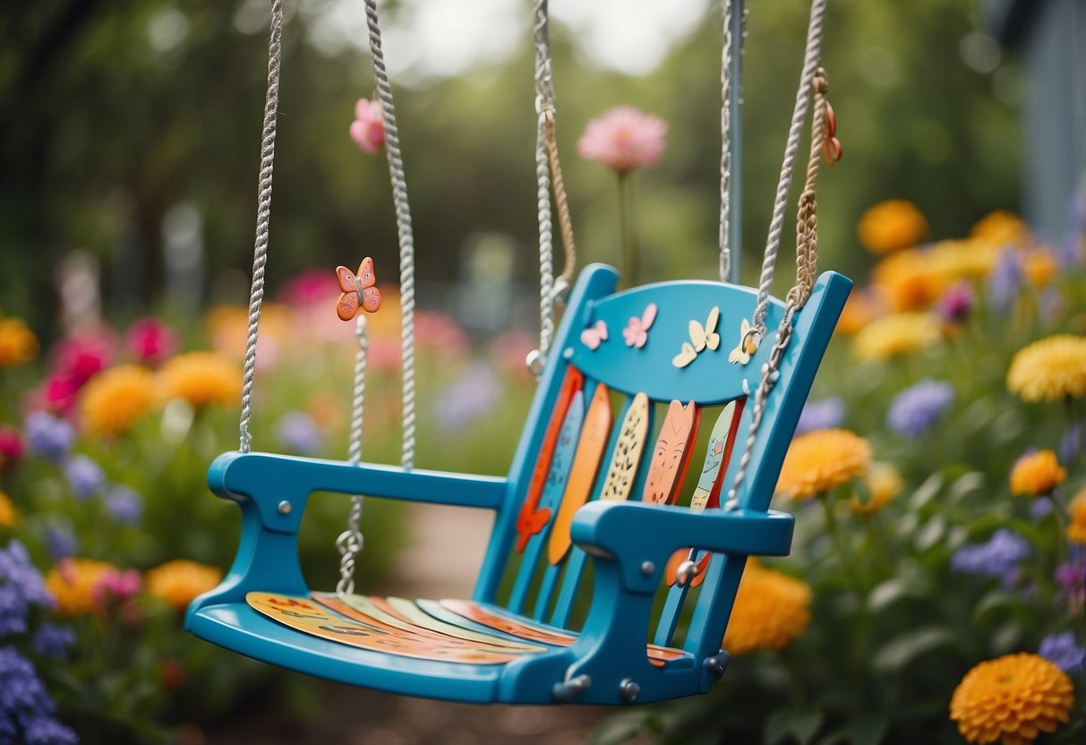 A colorful garden swing adorned with nursery rhyme characters, surrounded by blooming flowers and playful butterflies