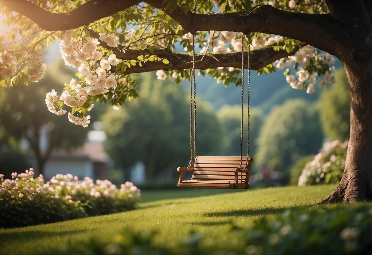 A serene garden with a sturdy tree, surrounded by blooming flowers and lush greenery, with a charming swing hanging from a branch