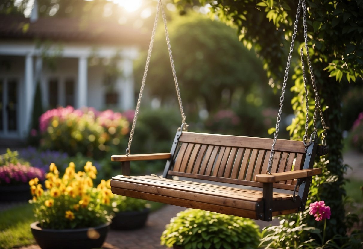 A wooden garden swing hangs from a sturdy metal frame, surrounded by lush greenery and colorful flowers. The swing is made of weather-resistant materials, ensuring durability in all seasons