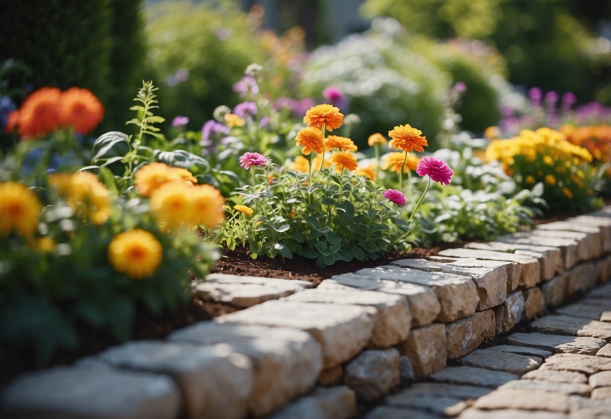 A stone-paved raised garden bed with vibrant flowers and lush greenery