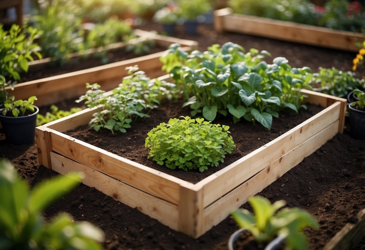 A wooden crate bed filled with soil and plants, nestled in a backyard garden, surrounded by other raised beds and lush greenery