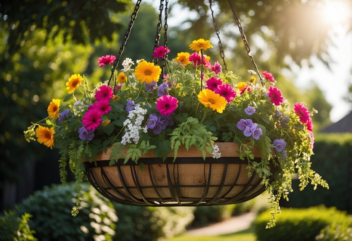 A hanging basket bed filled with vibrant flowers and lush greenery, suspended from a sturdy wooden frame in a sunny garden