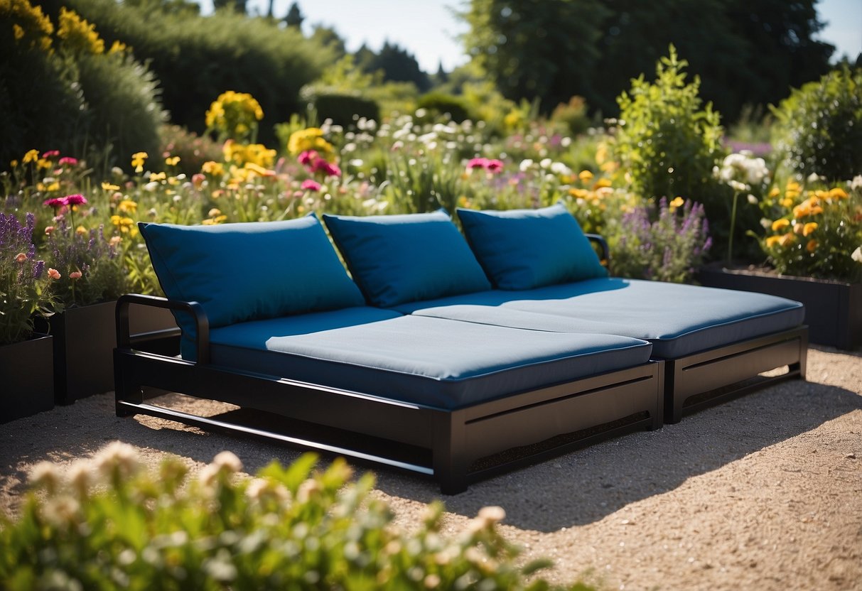 A plastic modular bed sits in a sunny garden, filled with vibrant plants and flowers. The raised design makes it easy to tend to the garden, with a backdrop of greenery and a clear blue sky