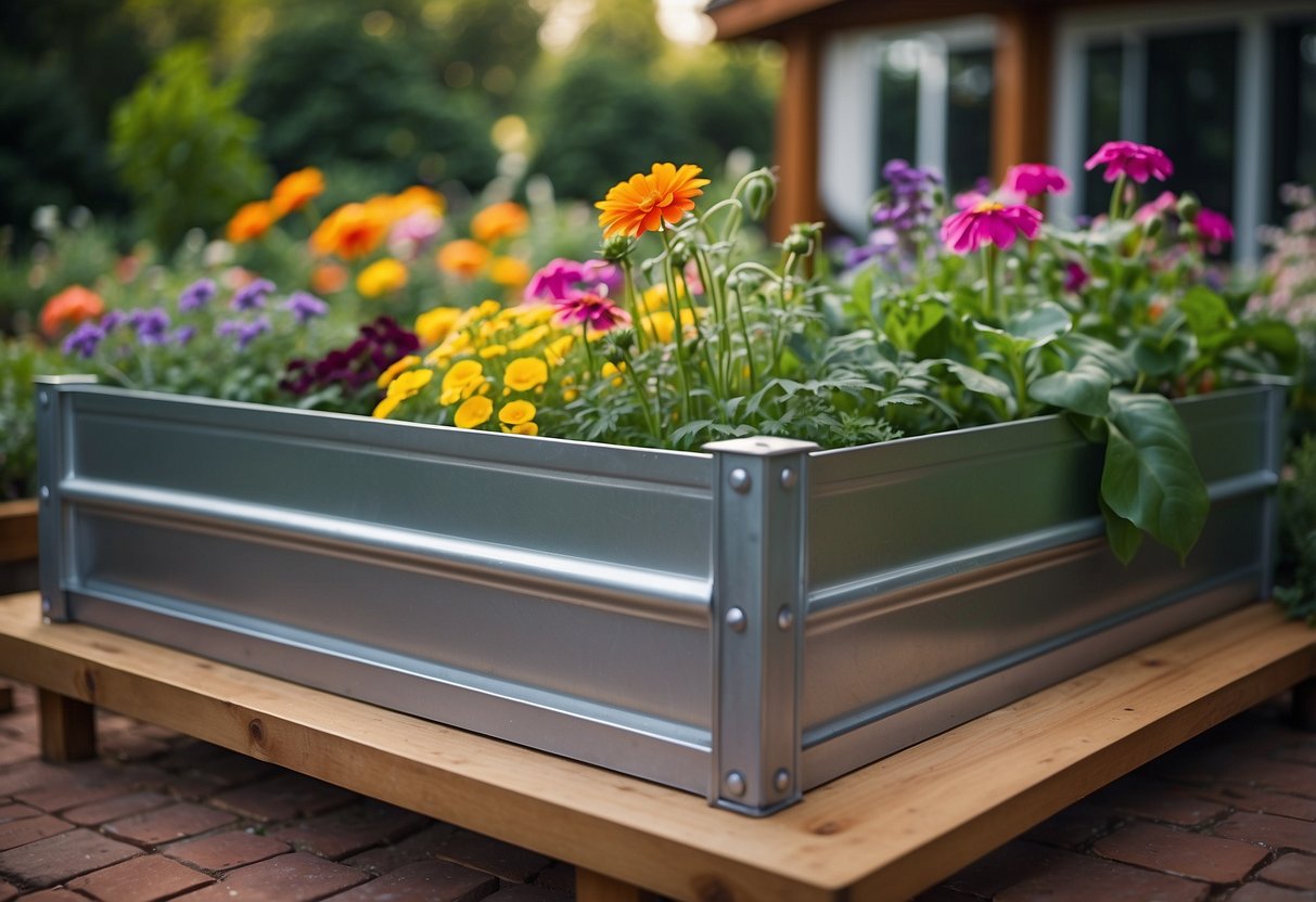 A galvanized steel raised garden bed stands in a backyard, surrounded by vibrant flowers and lush greenery. The bed is sturdy and well-constructed, adding a modern and industrial touch to the garden space