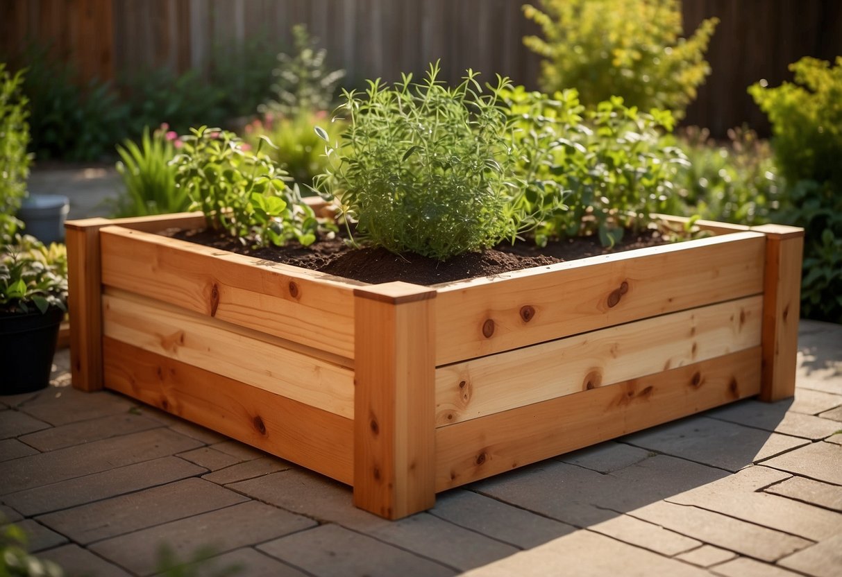 A cedar raised bed kit sits on a sunny patio, filled with rich soil and vibrant green plants. The kit is assembled with ease, showcasing an affordable and practical raised garden bed option